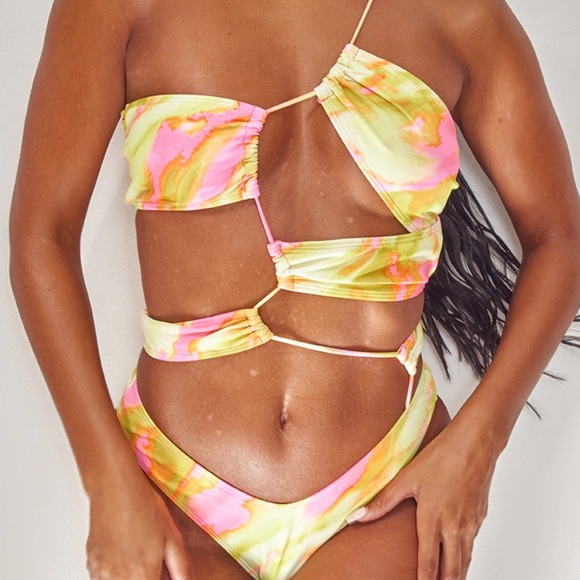 Pretty Little Things Olive Tie Dye Strappy Asymmetrical Cut Out Swimsuit - Picture 3 of 4